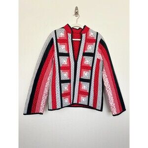 Handmade Quilted Jacket Reversible Block Stripes Red Blue Cottage Core Women's M